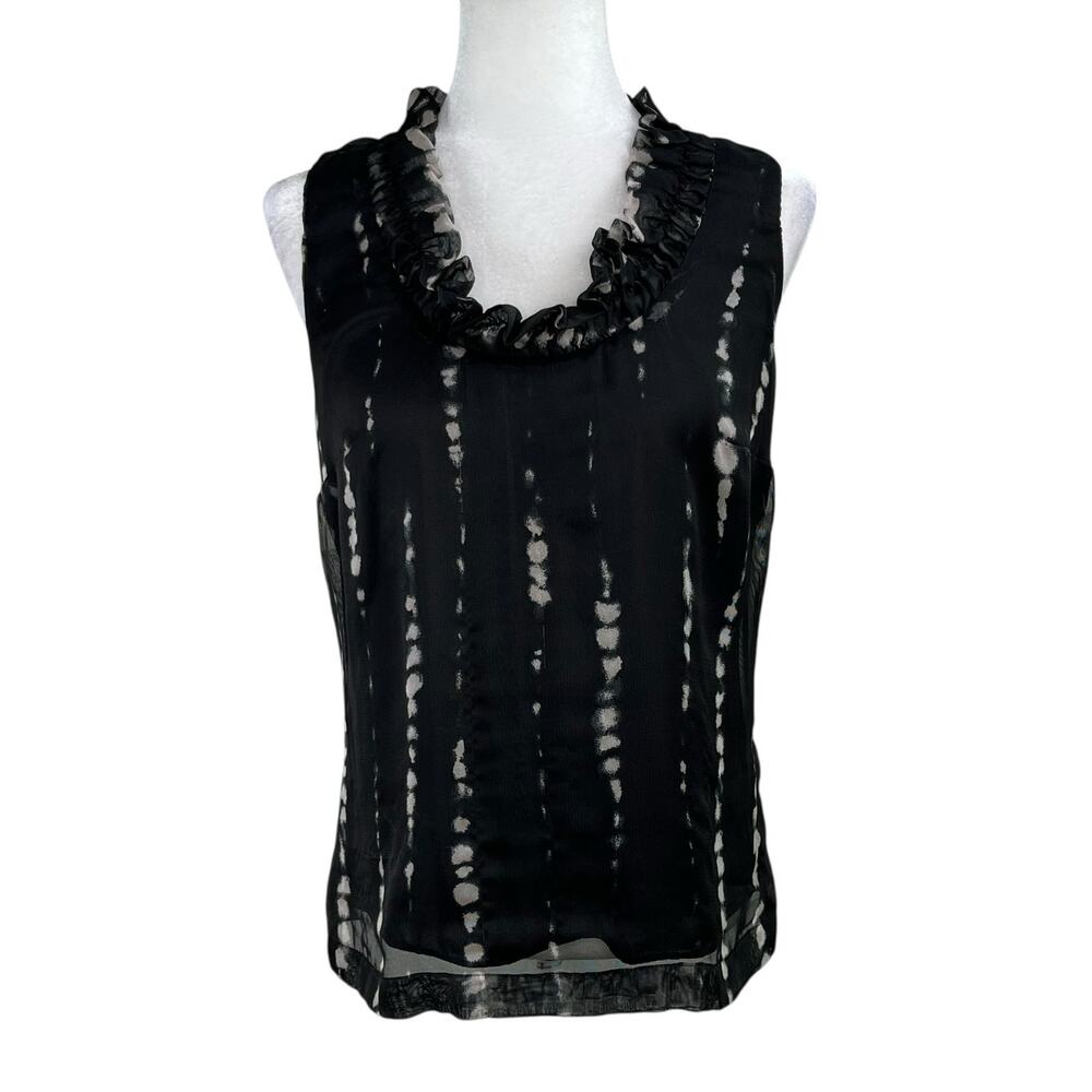Ann Taylor Sheer Sleeveless Ruffle Collar Black Tie Dye Paint Splash Blouse M